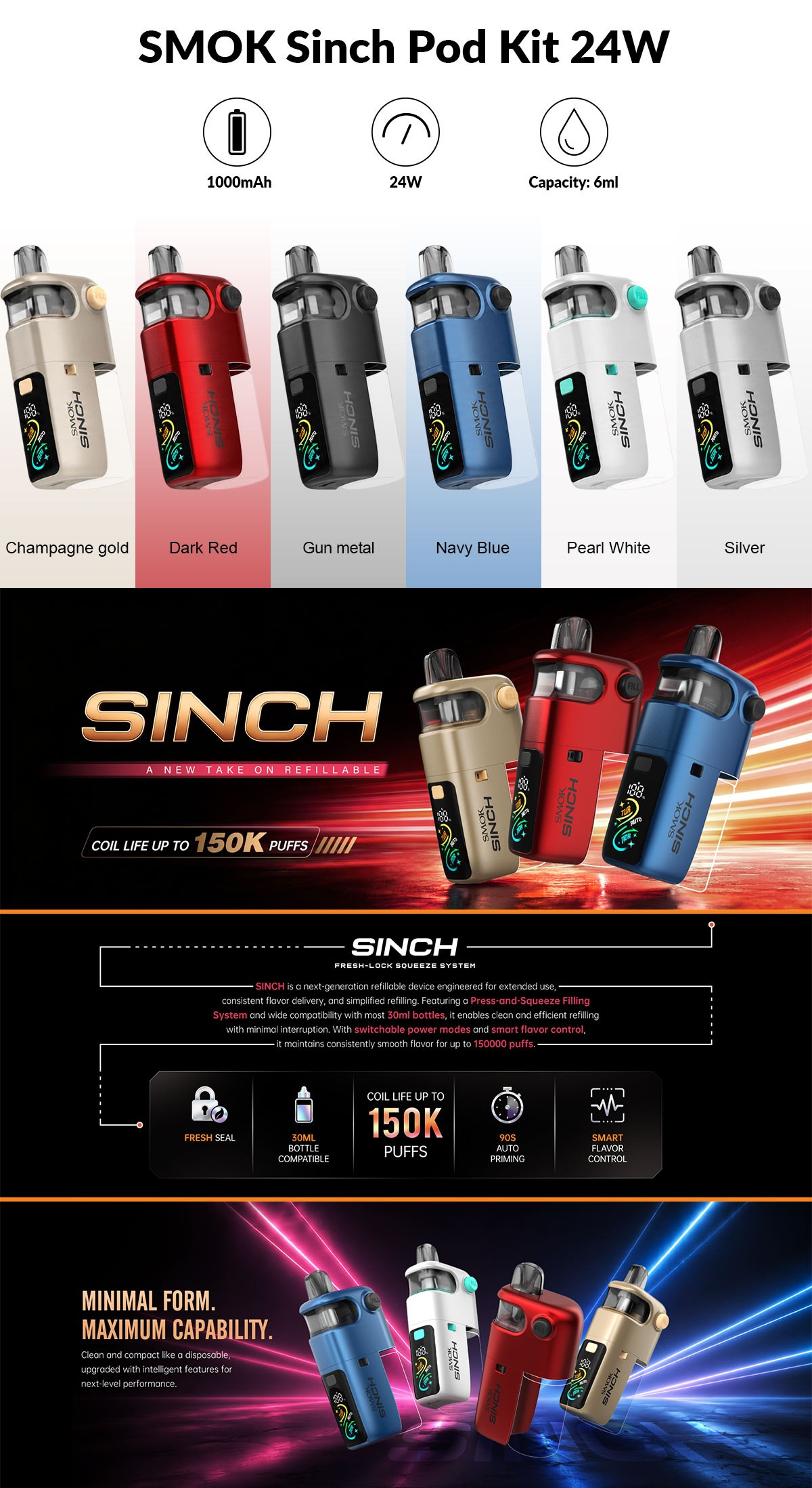 SMOK Sinch Pod System 1000mAh 6ml Smok Sinch Kit Details